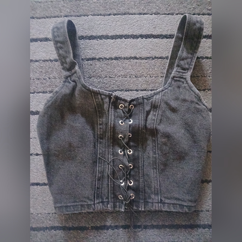 Black Denim Lace-Up Crop Tank Top